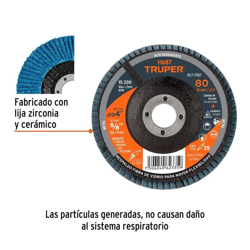 Disco laminado, 4", grano 80, centro 5/8"