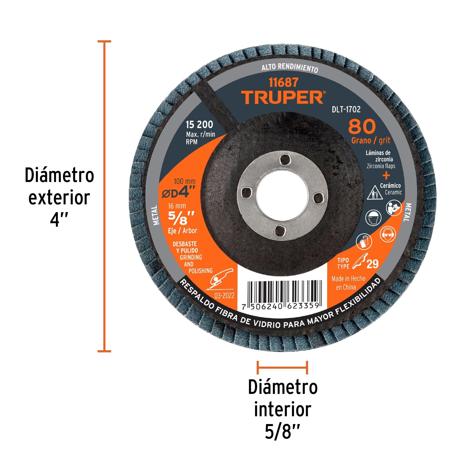 Disco laminado, 4", grano 80, centro 5/8"