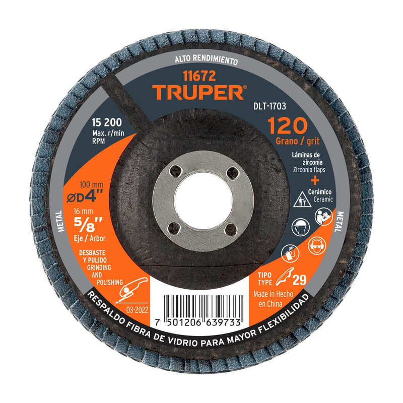 Disco laminado, tipo 29, diámetro 4", grano 120, centro 5/8"