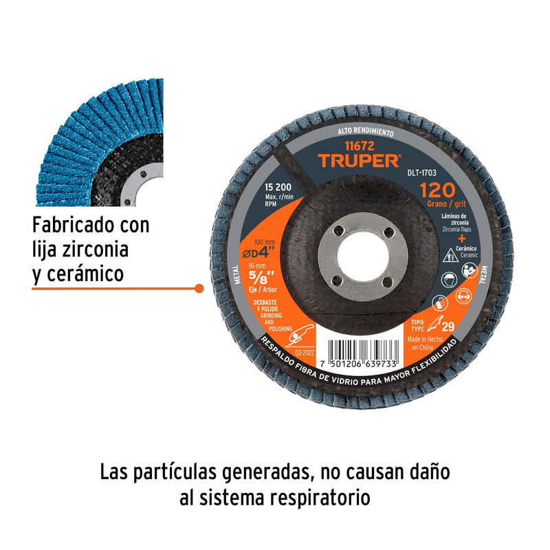 Disco laminado, tipo 29, diámetro 4", grano 120, centro 5/8"