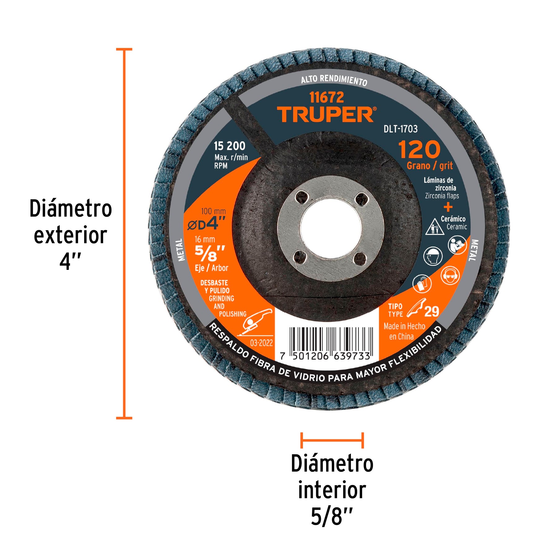Disco laminado, tipo 29, diámetro 4", grano 120, centro 5/8"