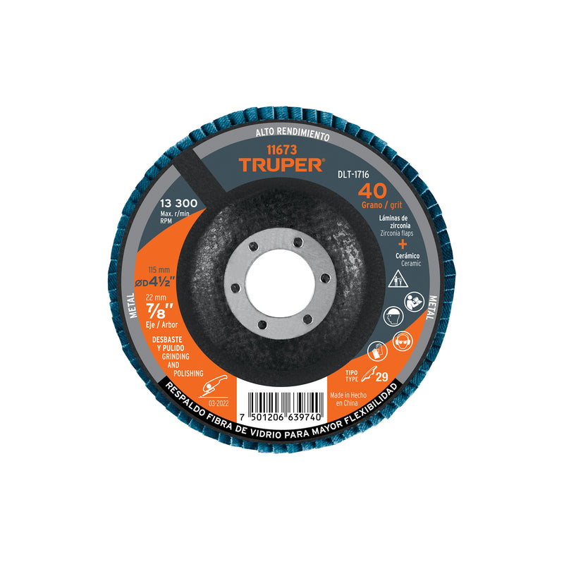 Disco laminado, 4-1/2", grano 40, centro 7/8"