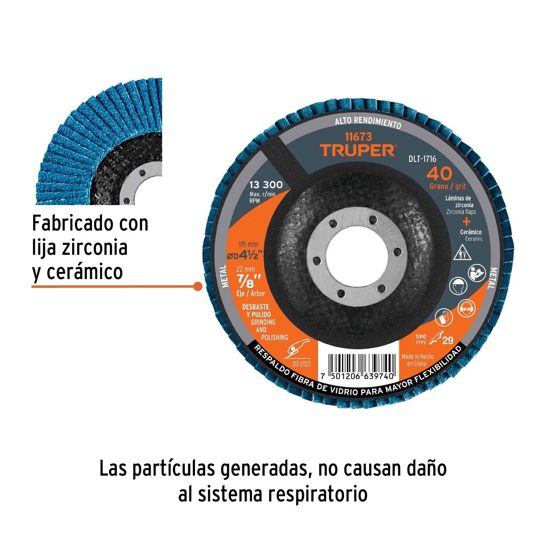 Disco laminado, 4-1/2", grano 40, centro 7/8"