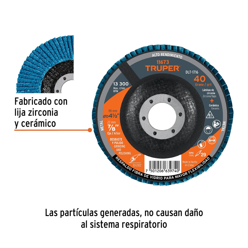 Disco laminado, 4-1/2", grano 40, centro 7/8"