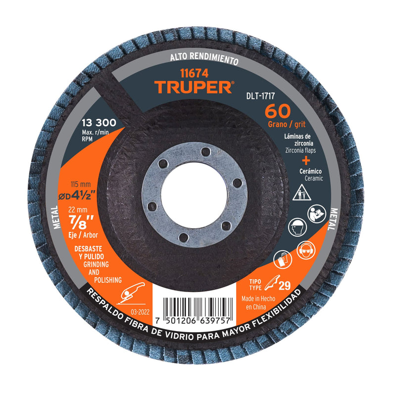 Disco laminado, 4-1/2", grano 60, centro 7/8"