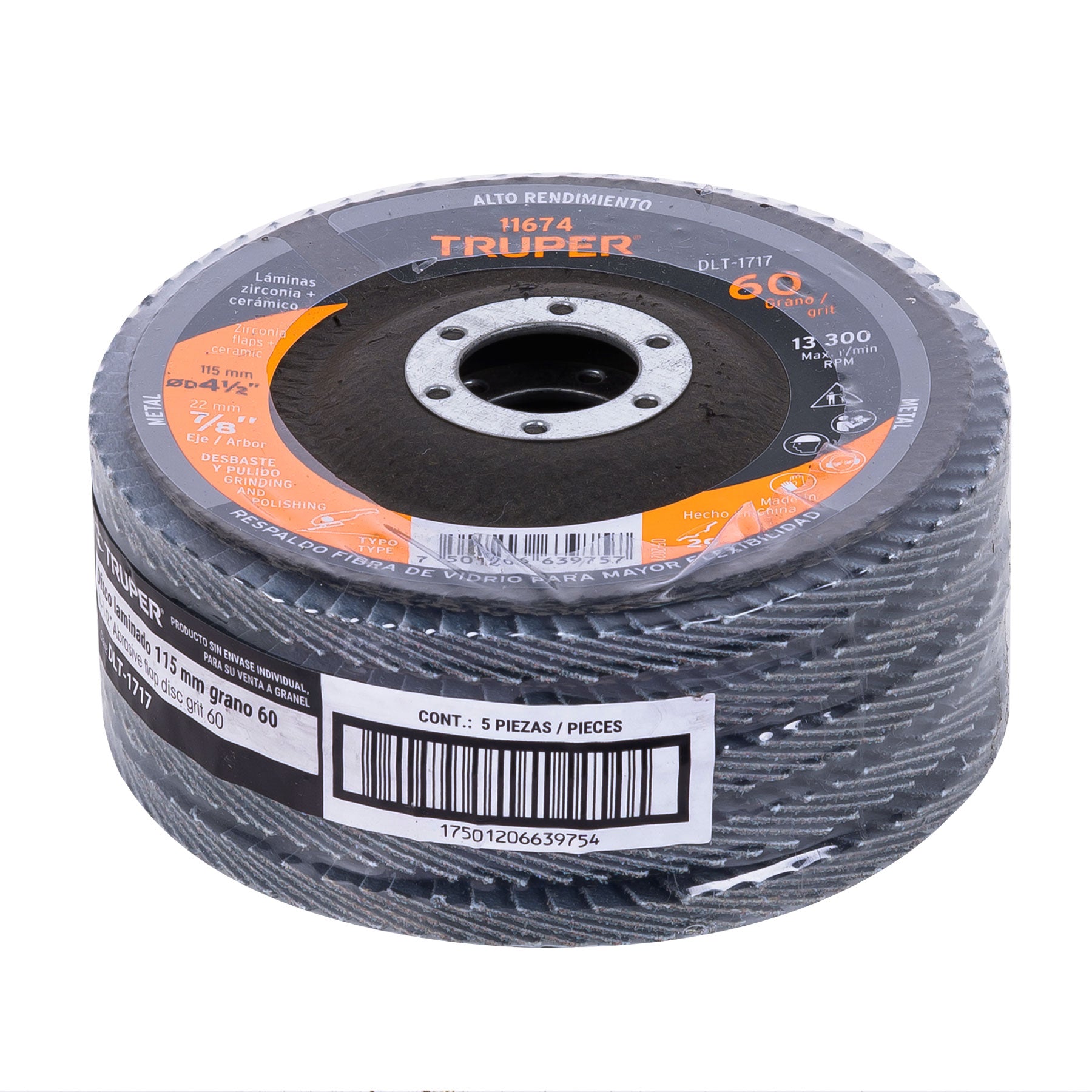 Disco laminado, 4-1/2", grano 60, centro 7/8"