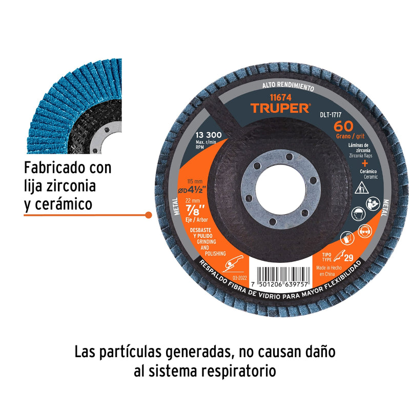 Disco laminado, 4-1/2", grano 60, centro 7/8"