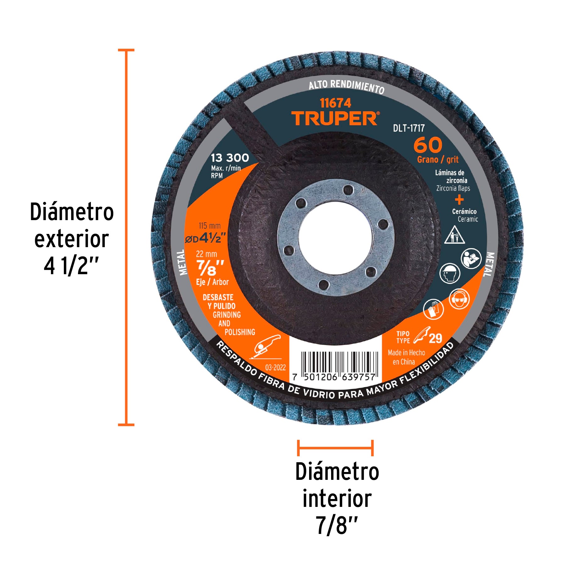 Disco laminado, 4-1/2", grano 60, centro 7/8"