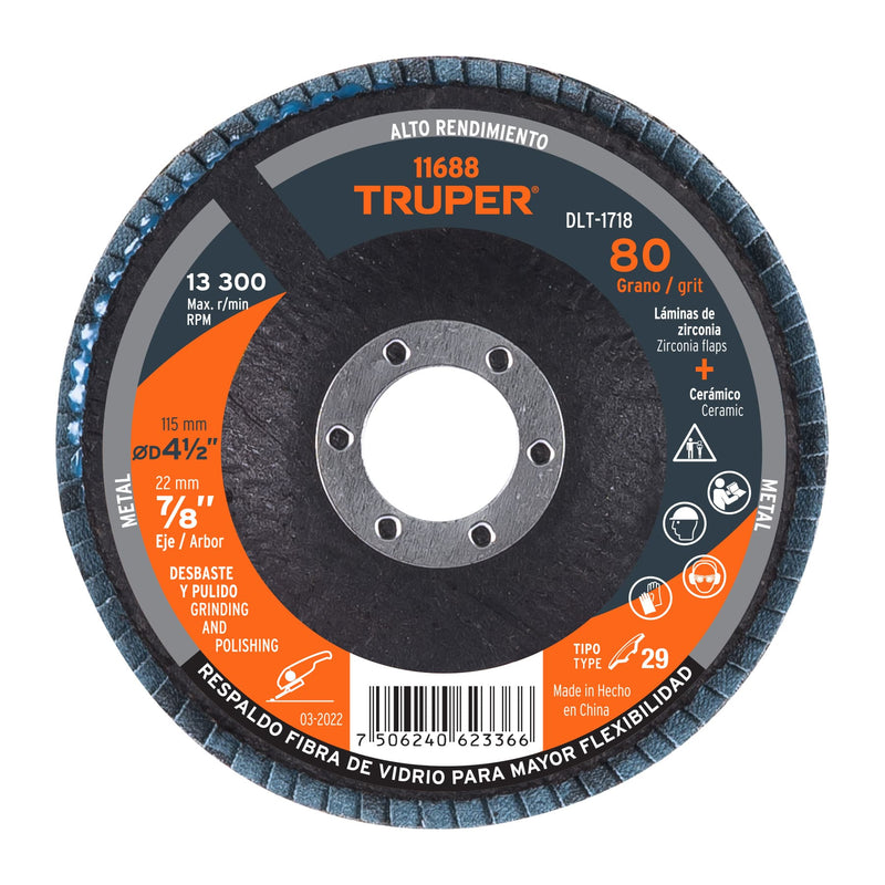 Disco laminado, 4-1/2", grano 80, centro 7/8"