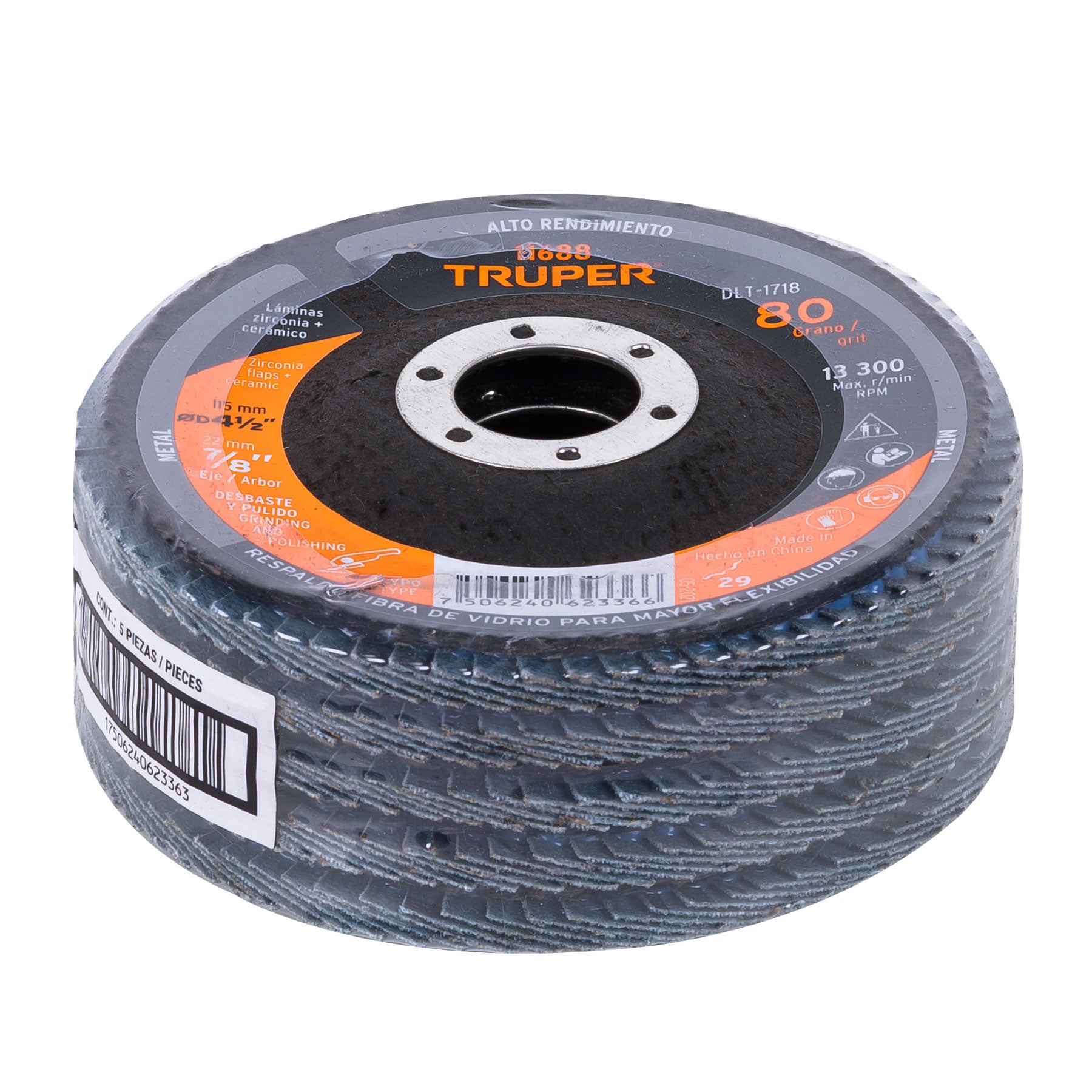Disco laminado, 4-1/2", grano 80, centro 7/8"