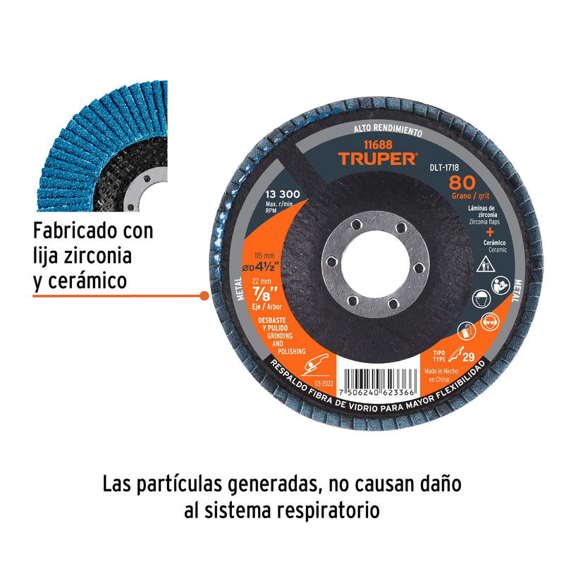 Disco laminado, 4-1/2", grano 80, centro 7/8"