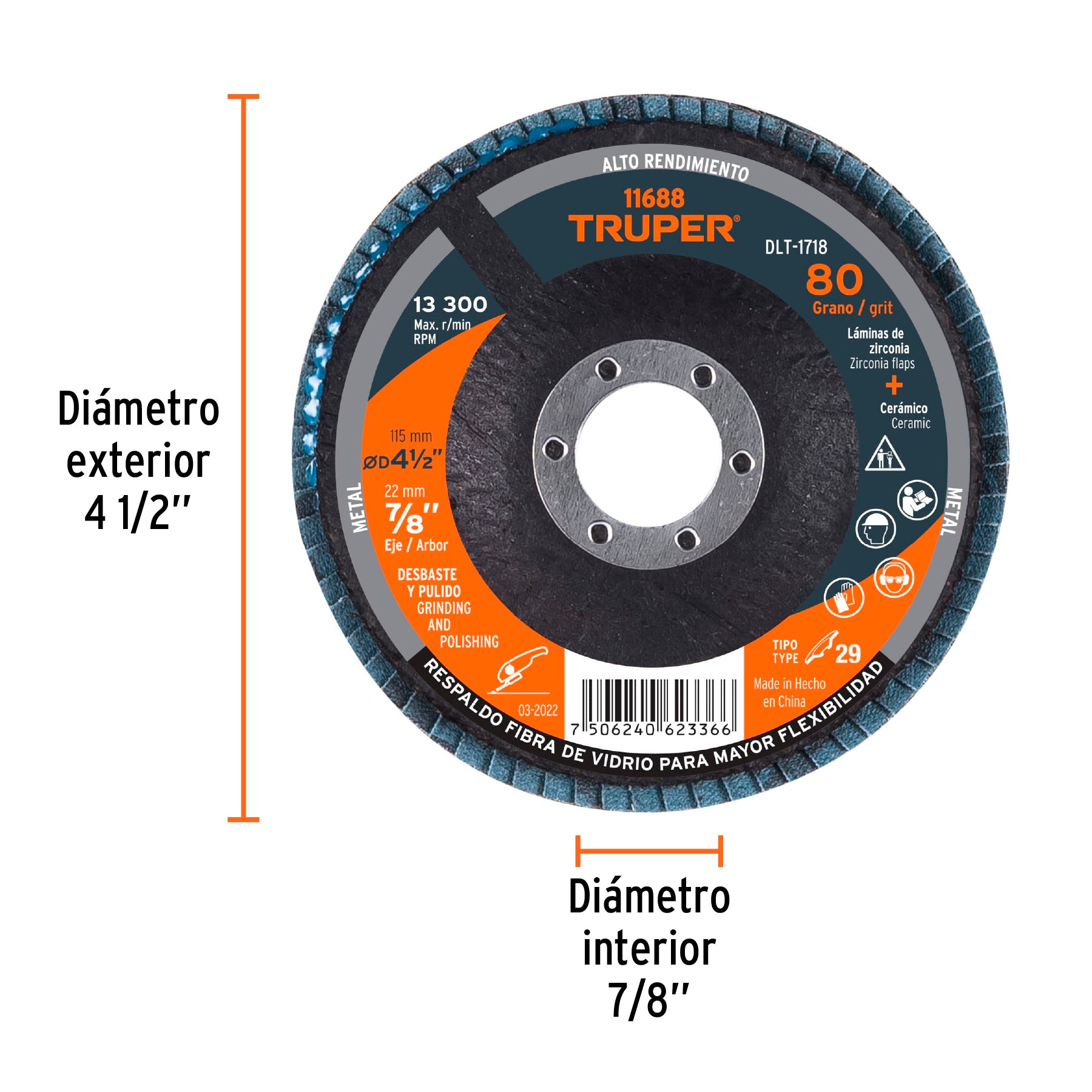 Disco laminado, 4-1/2", grano 80, centro 7/8"