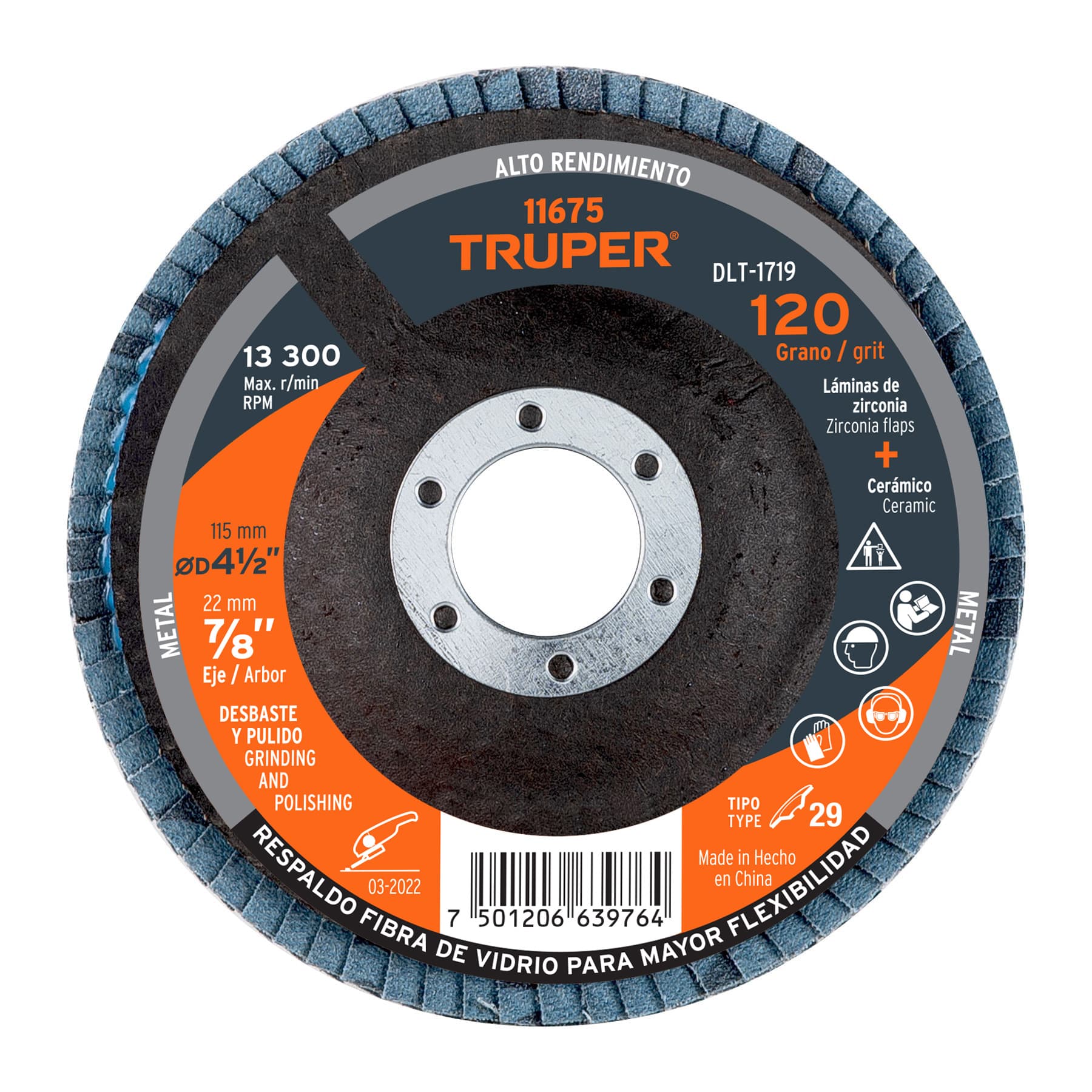 Disco laminado, 4-1/2", grano 120, centro 7/8"