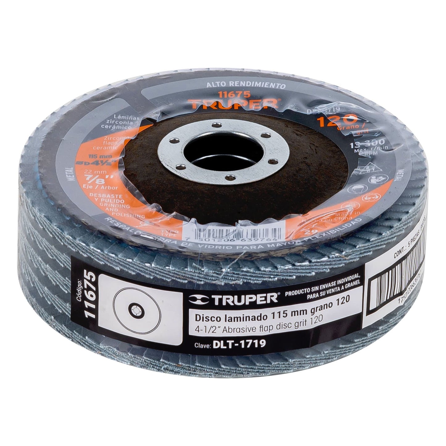 Disco laminado, 4-1/2", grano 120, centro 7/8"