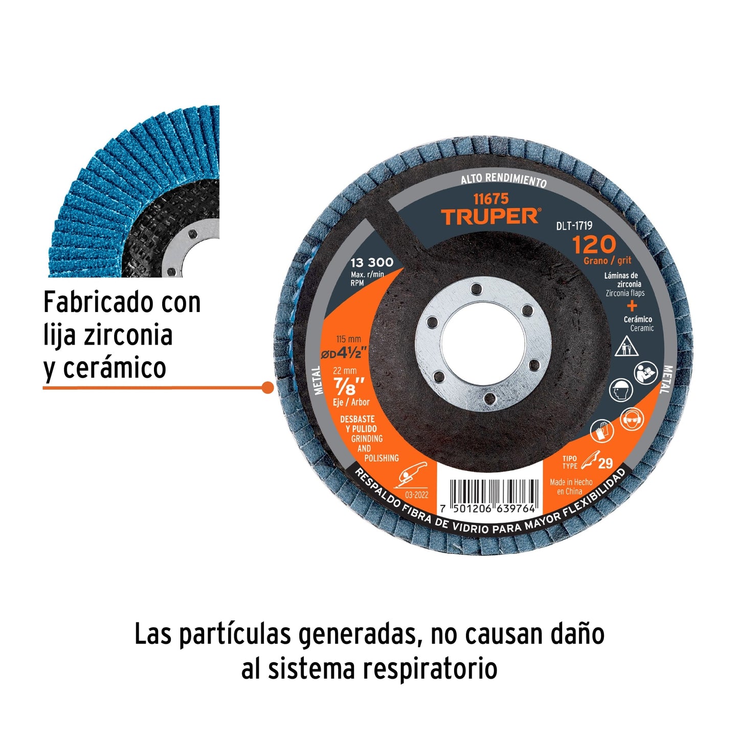 Disco laminado, 4-1/2", grano 120, centro 7/8"