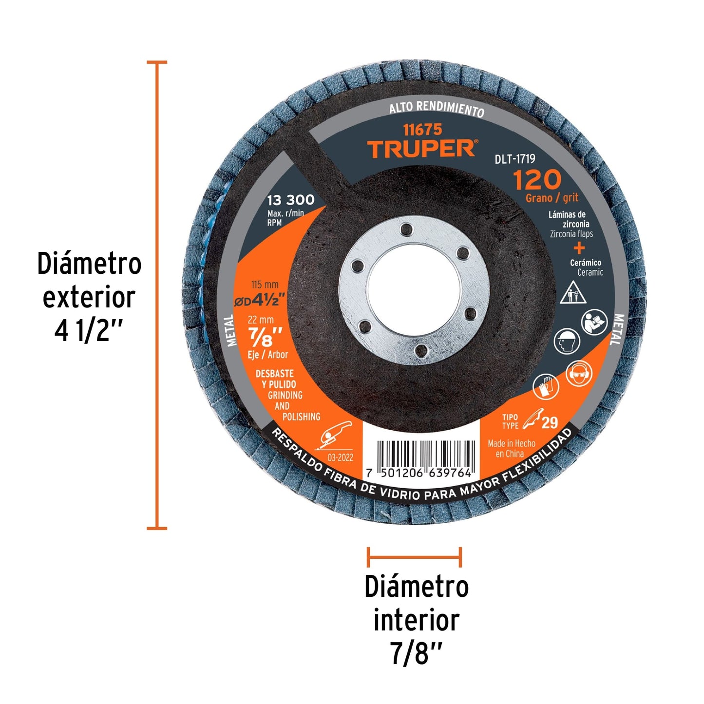 Disco laminado, 4-1/2", grano 120, centro 7/8"