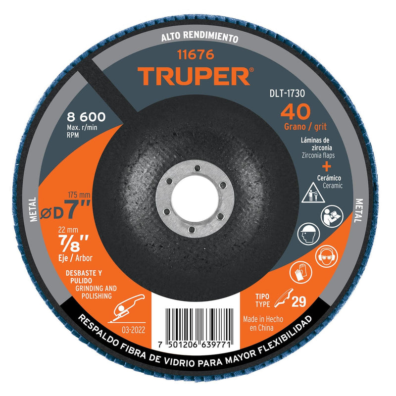 Disco laminado, 7", grano 40, centro 7/8"