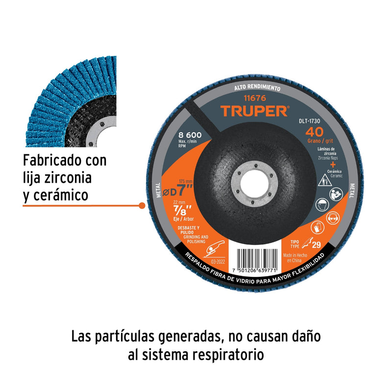 Disco laminado, 7", grano 40, centro 7/8"