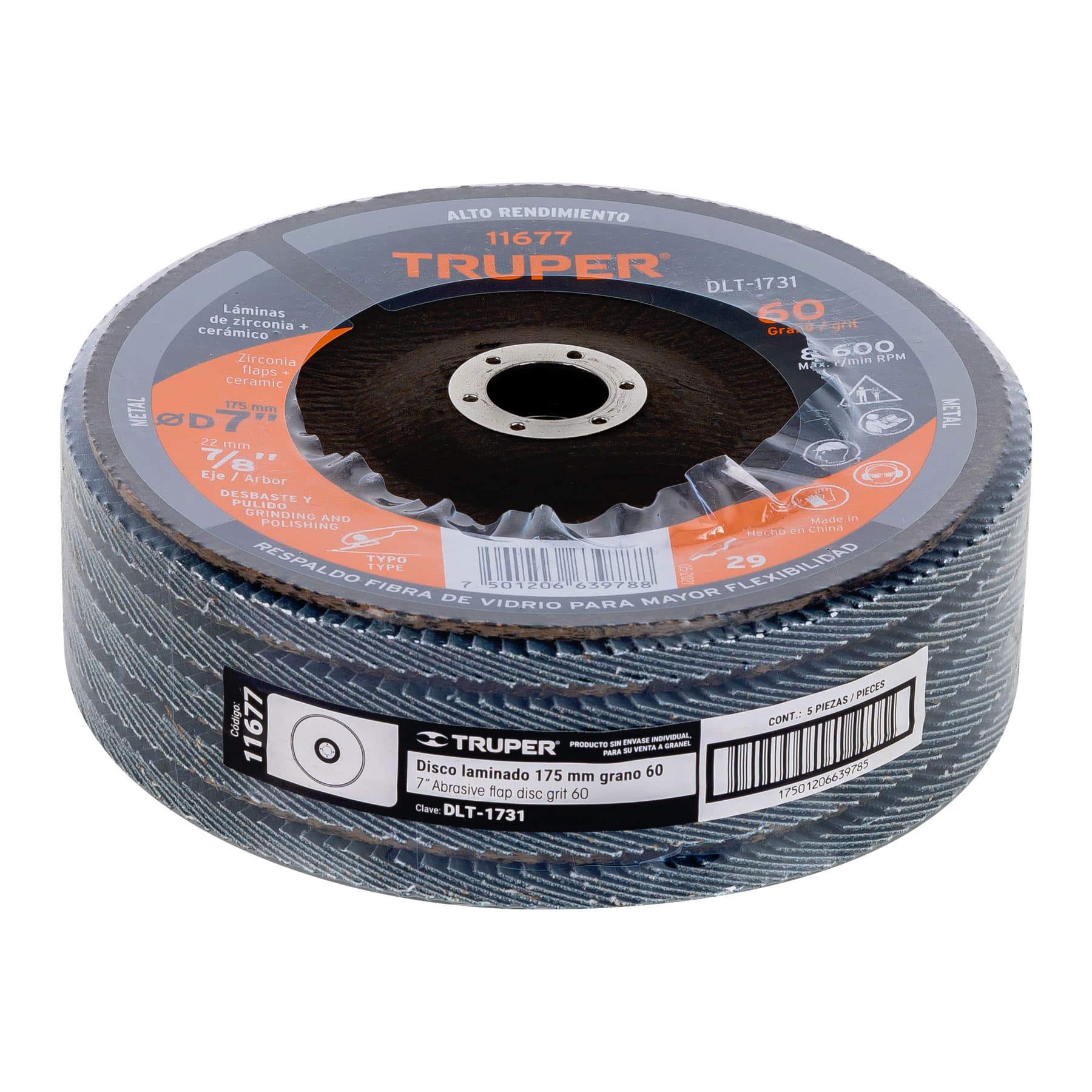 Disco laminado, 7", grano 60, centro 7/8"
