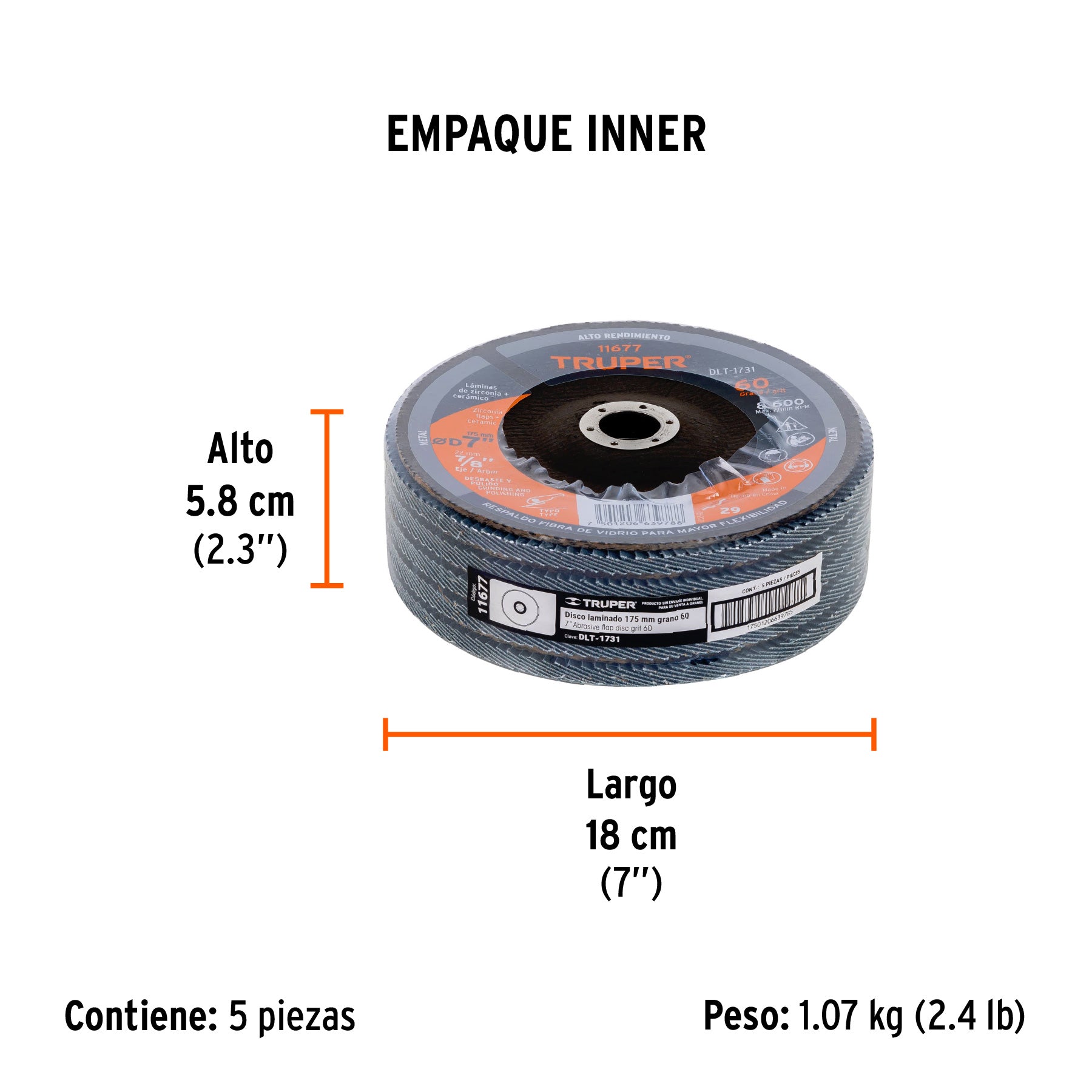 Disco laminado, 7", grano 60, centro 7/8"