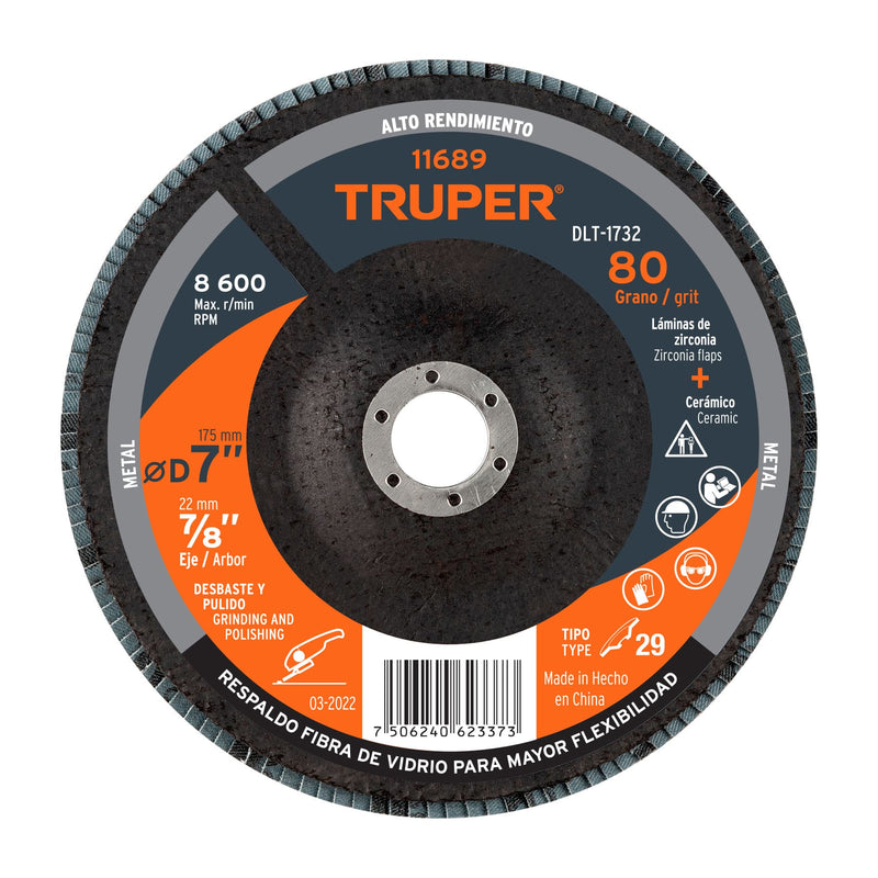 Disco laminado, 7", grano 80, centro 7/8"