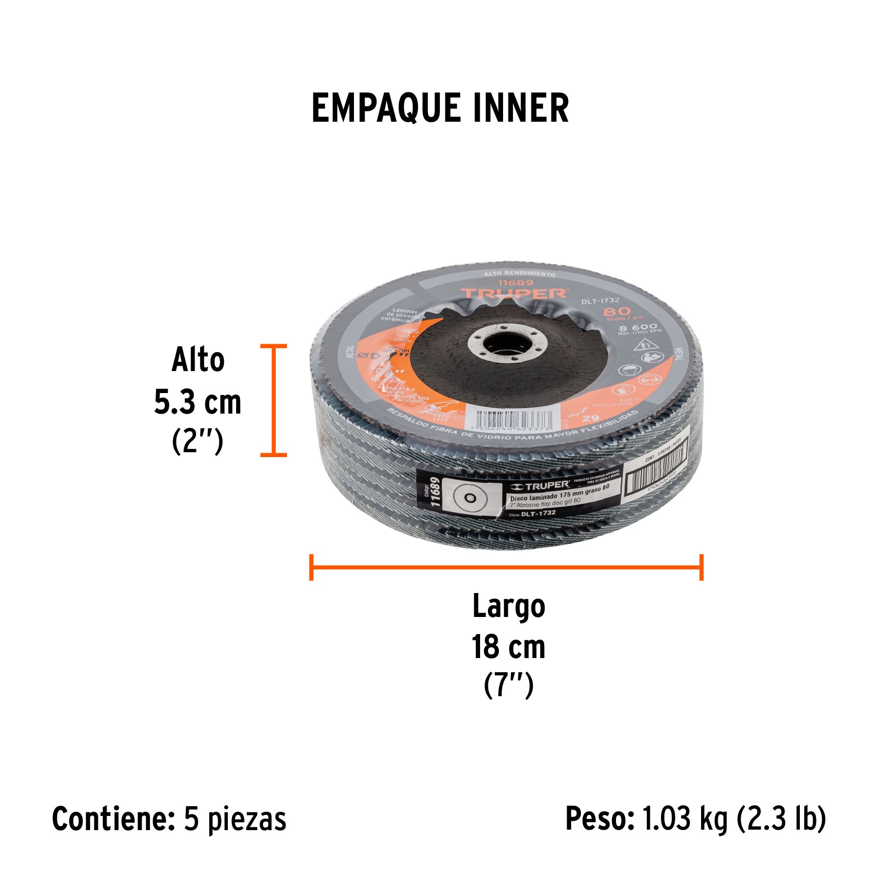 Disco laminado, 7", grano 80, centro 7/8"