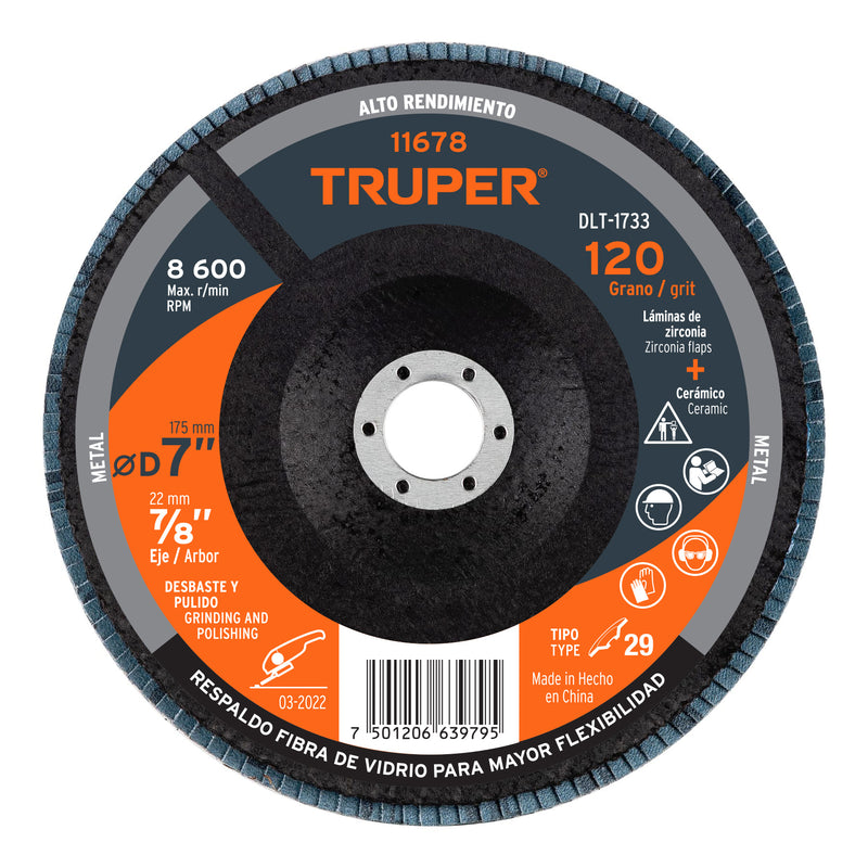Disco laminado, 7", grano 120, centro 7/8"