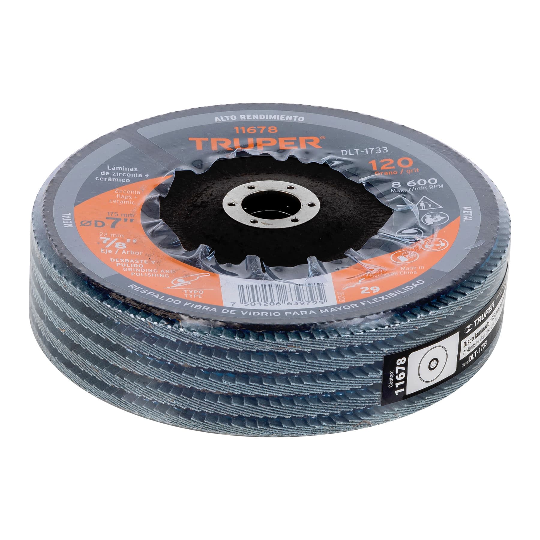 Disco laminado, 7", grano 120, centro 7/8"