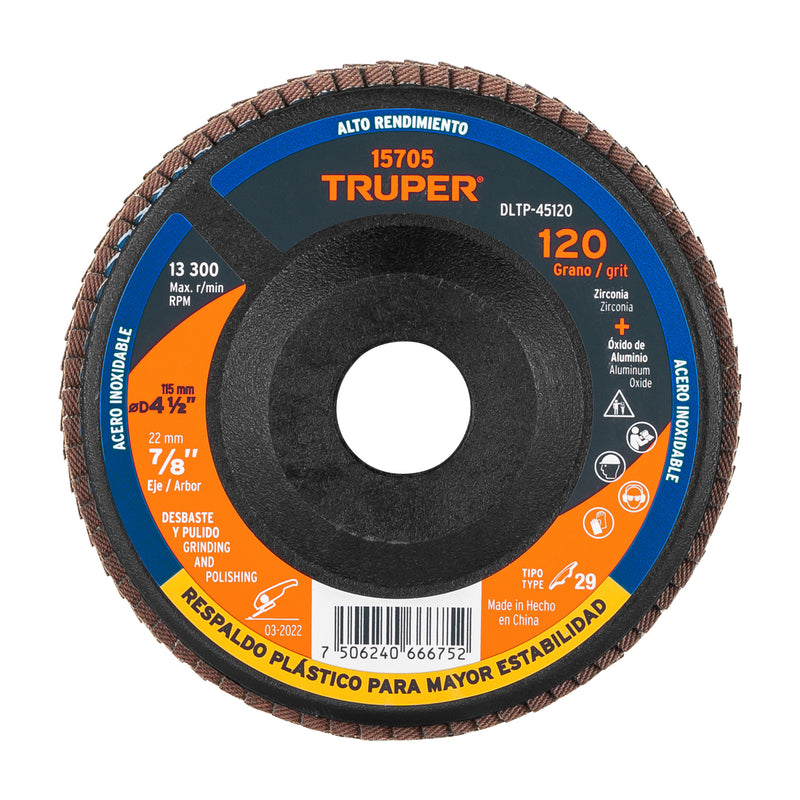 Disco laminado respaldo plástico 4-1/2"barreno 7/8"grano 120