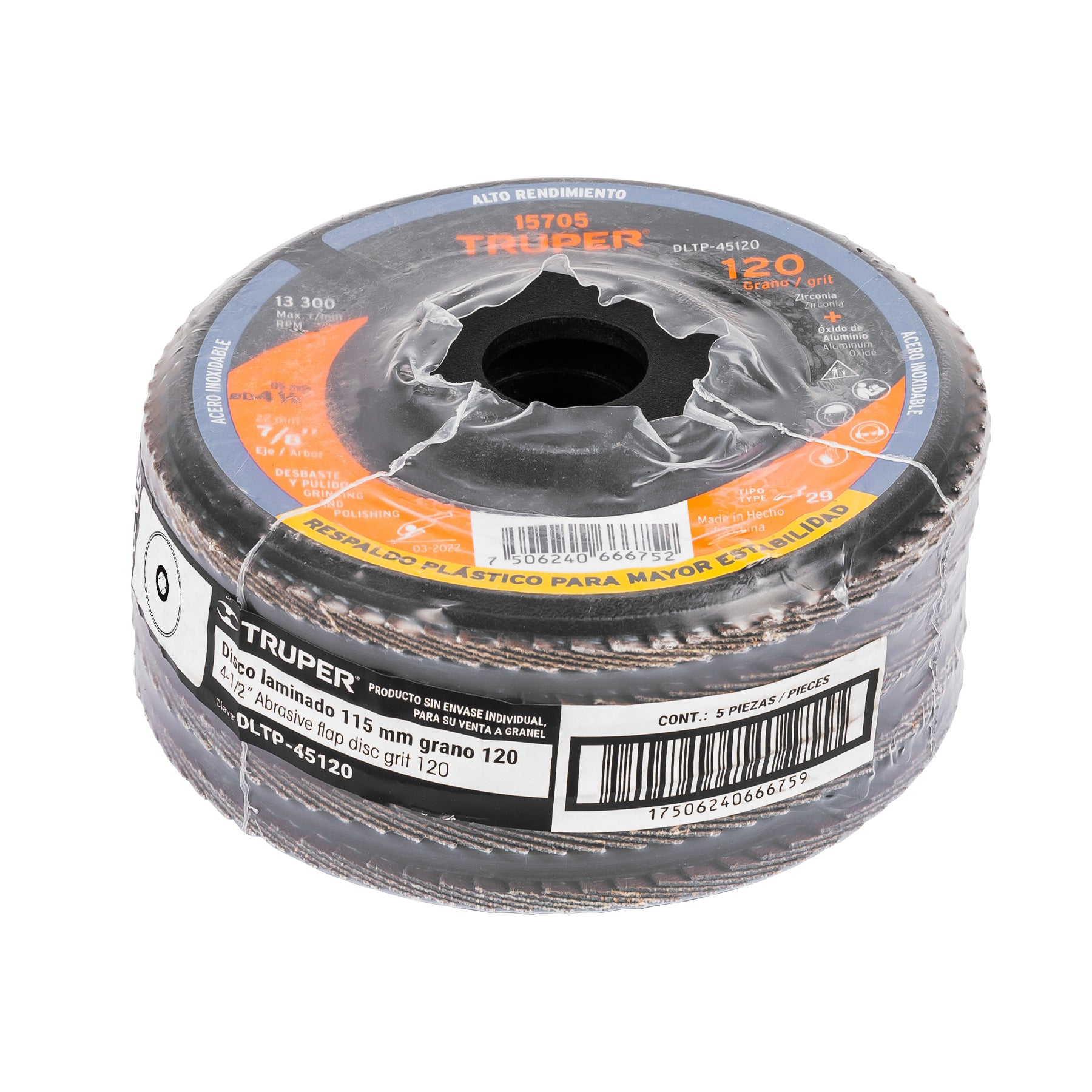 Disco laminado respaldo plástico 4-1/2"barreno 7/8"grano 120