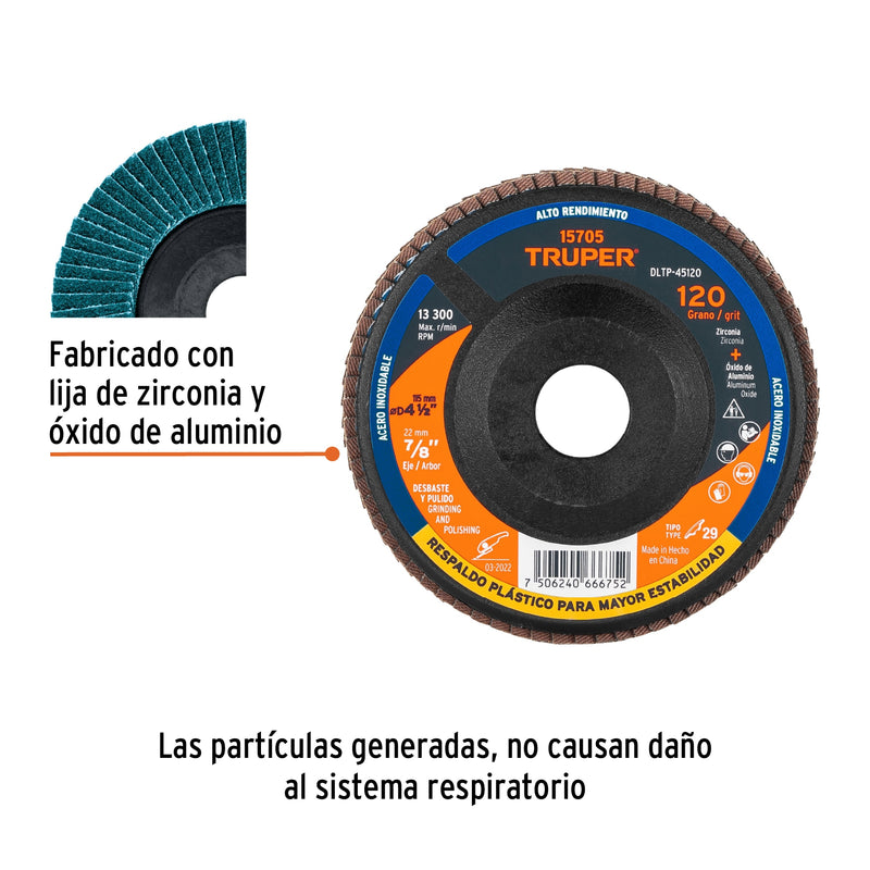 Disco laminado respaldo plástico 4-1/2"barreno 7/8"grano 120