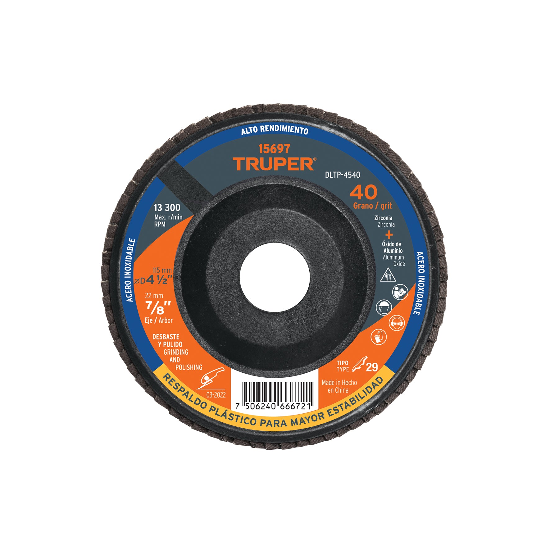 Disco laminado respaldo plástico 4-1/2",barreno 7/8"grano 40