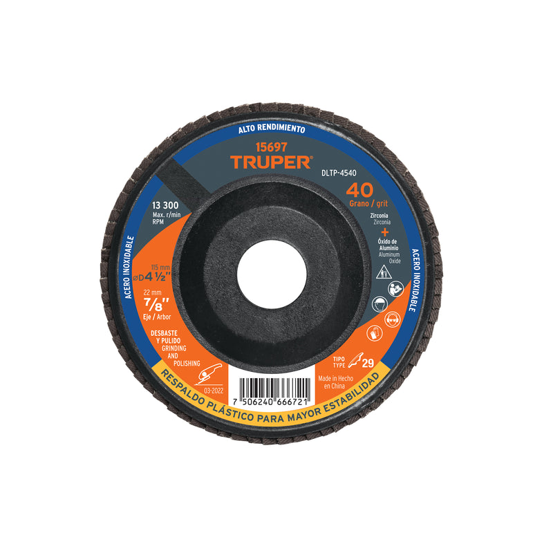 Disco laminado respaldo plástico 4-1/2",barreno 7/8"grano 40