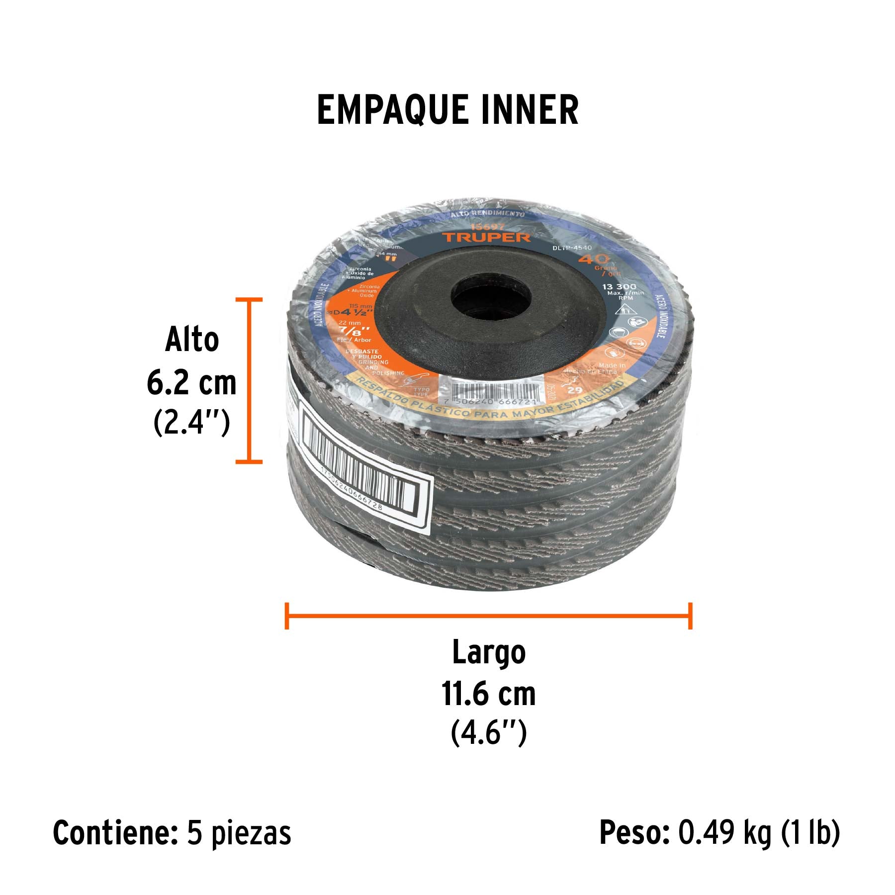 Disco laminado respaldo plástico 4-1/2",barreno 7/8"grano 40