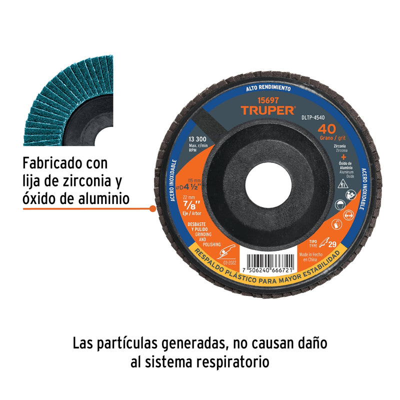 Disco laminado respaldo plástico 4-1/2",barreno 7/8"grano 40
