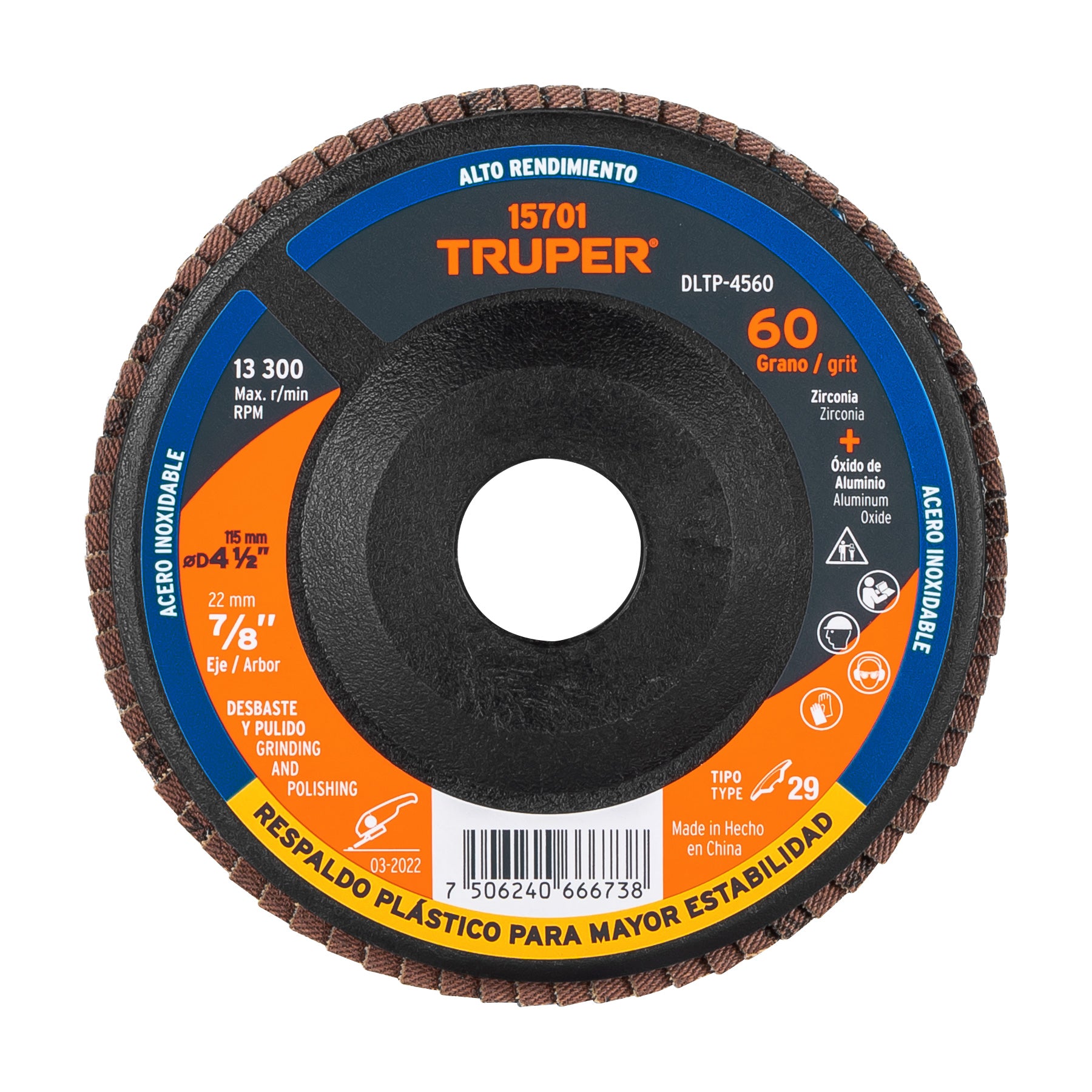 Disco laminado respaldo plástico 4-1/2",barreno 7/8"grano 60