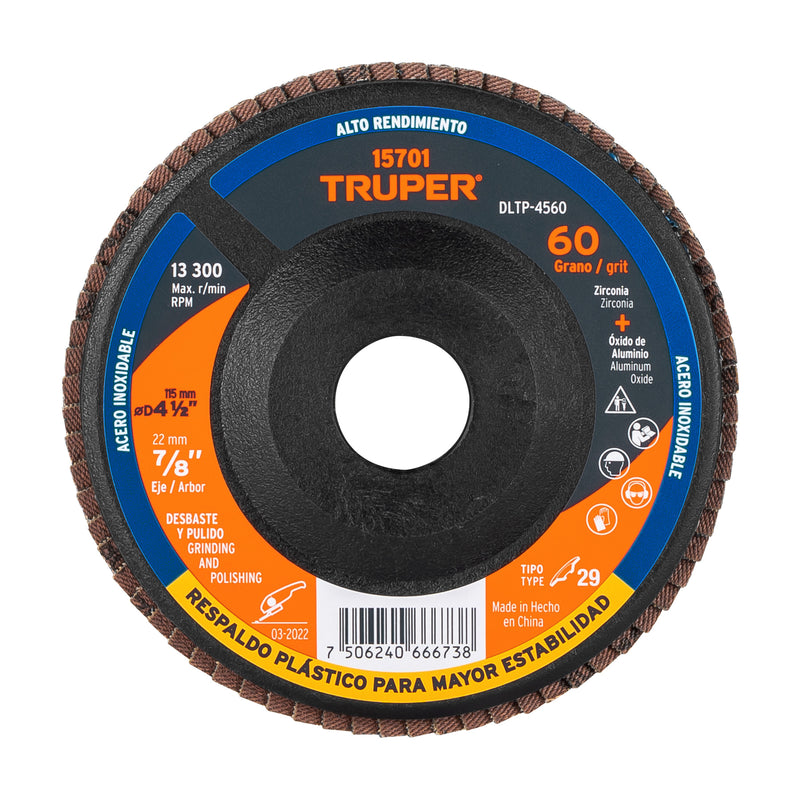 Disco laminado respaldo plástico 4-1/2",barreno 7/8"grano 60