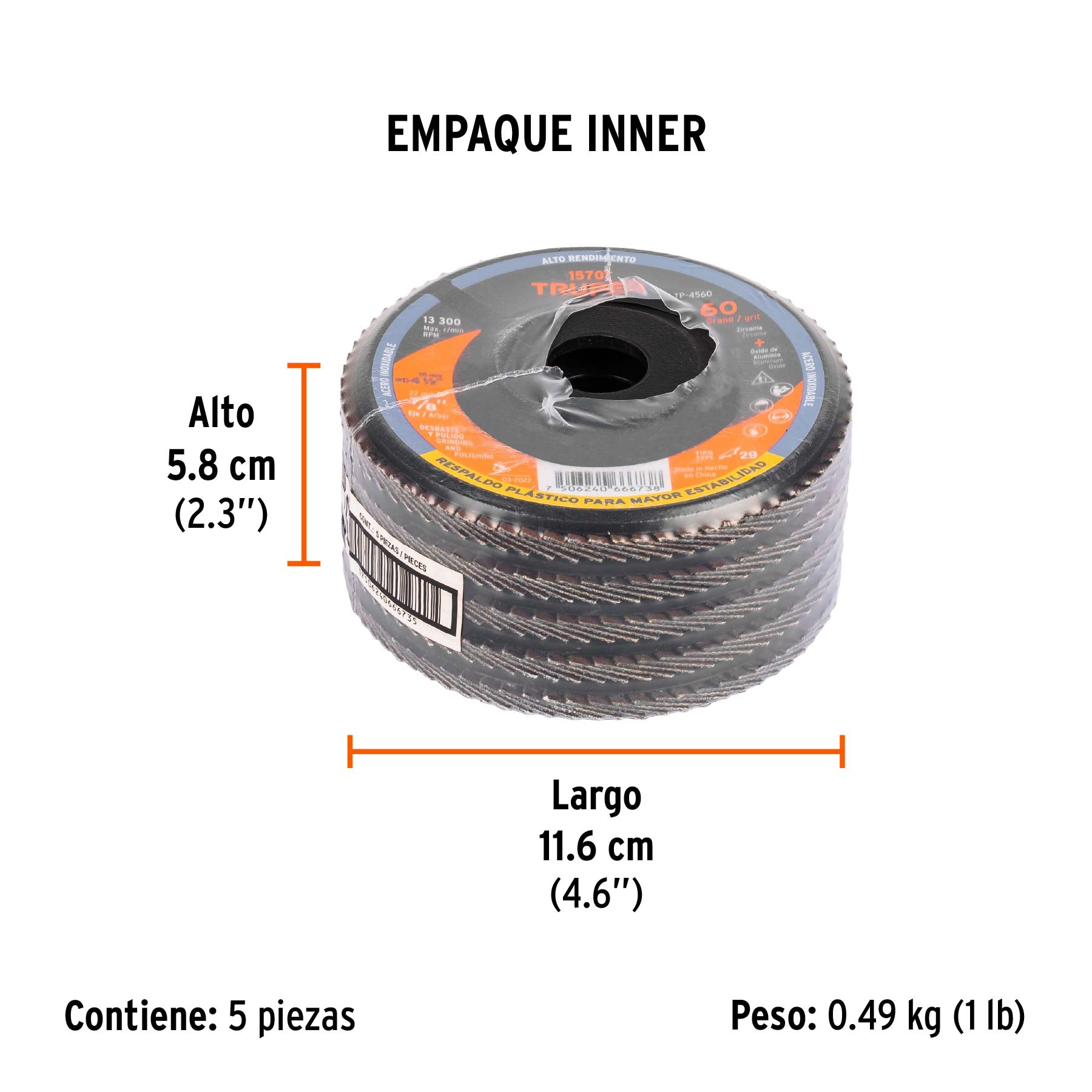 Disco laminado respaldo plástico 4-1/2",barreno 7/8"grano 60