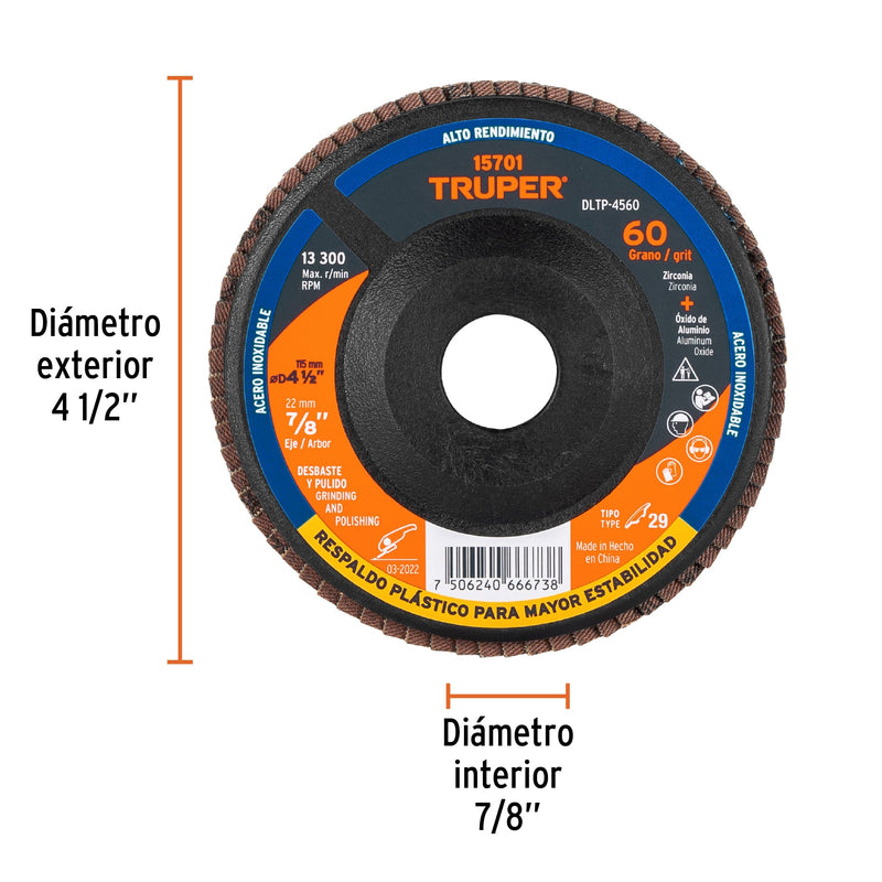 Disco laminado respaldo plástico 4-1/2",barreno 7/8"grano 60