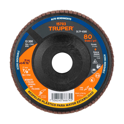 Disco laminado respaldo plástico 4-1/2",barreno 7/8"grano 80