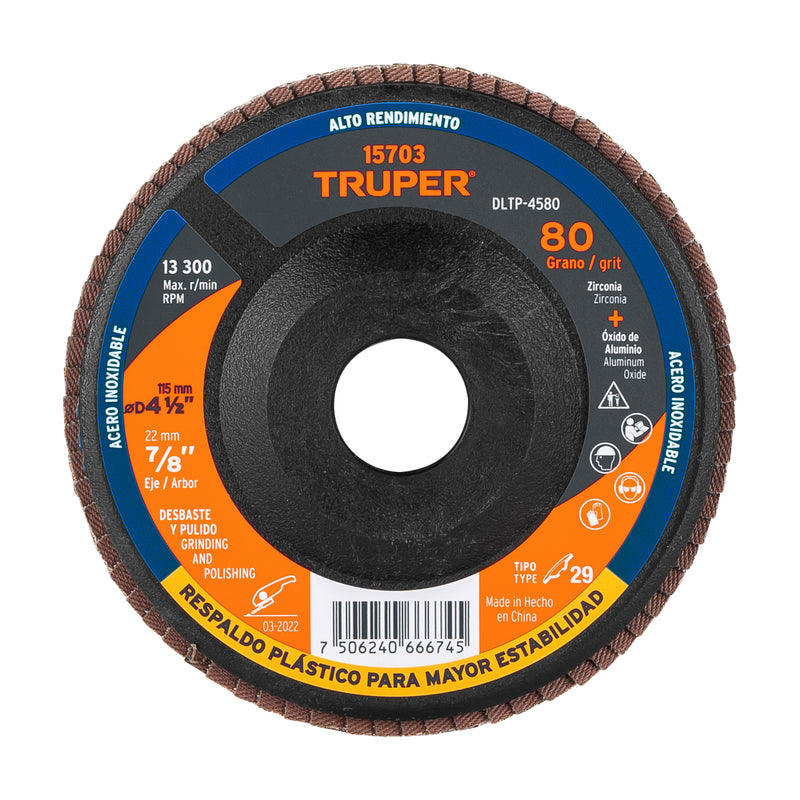 Disco laminado respaldo plástico 4-1/2",barreno 7/8"grano 80