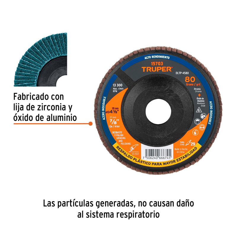 Disco laminado respaldo plástico 4-1/2",barreno 7/8"grano 80