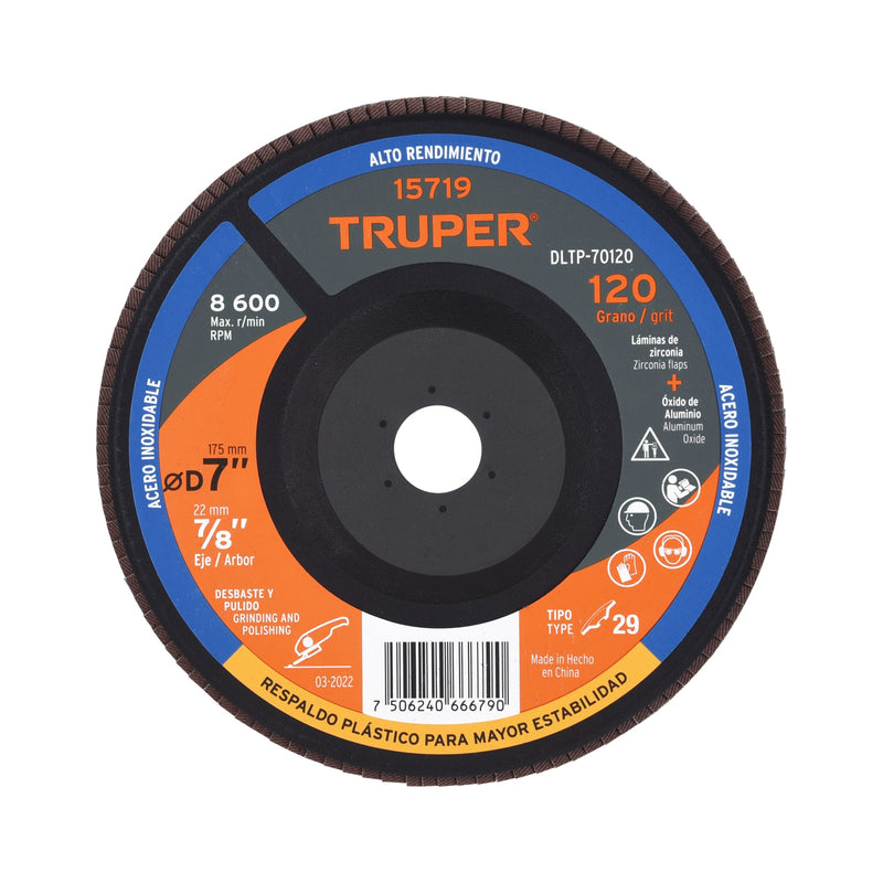 Disco laminado 7" respaldo plástico barreno 7/8"grano 120