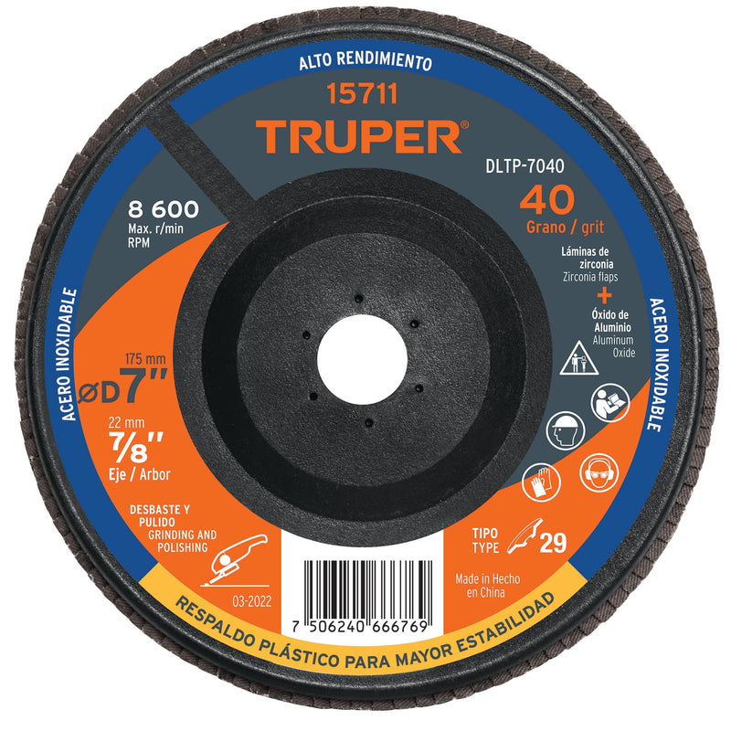 Disco laminado 7" respaldo plástico barreno 7/8"grano 40