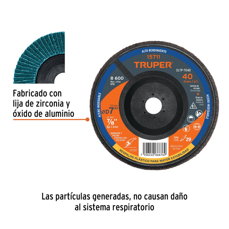 Disco laminado 7" respaldo plástico barreno 7/8"grano 40