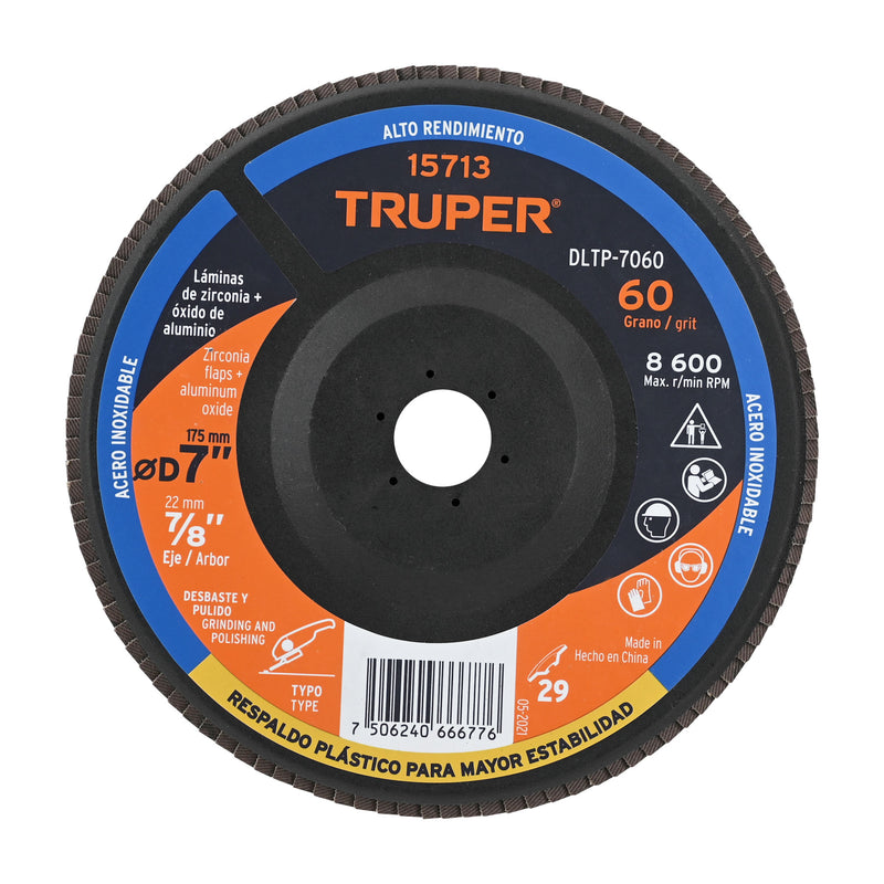 Disco laminado 7" respaldo plástico barreno 7/8"grano 60