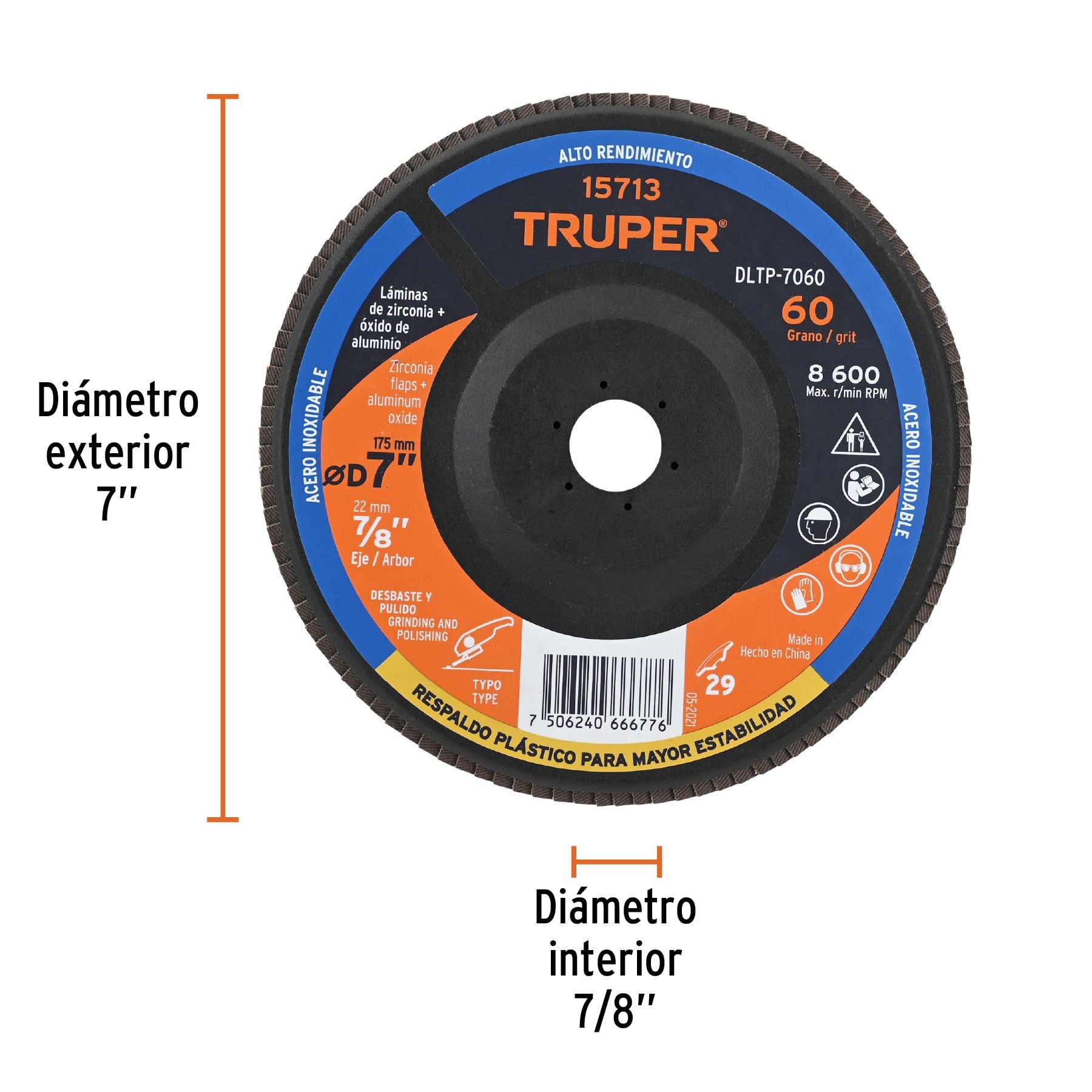 Disco laminado 7" respaldo plástico barreno 7/8"grano 60