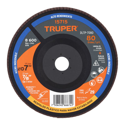 Disco laminado 7" respaldo plástico barreno 7/8"grano 80