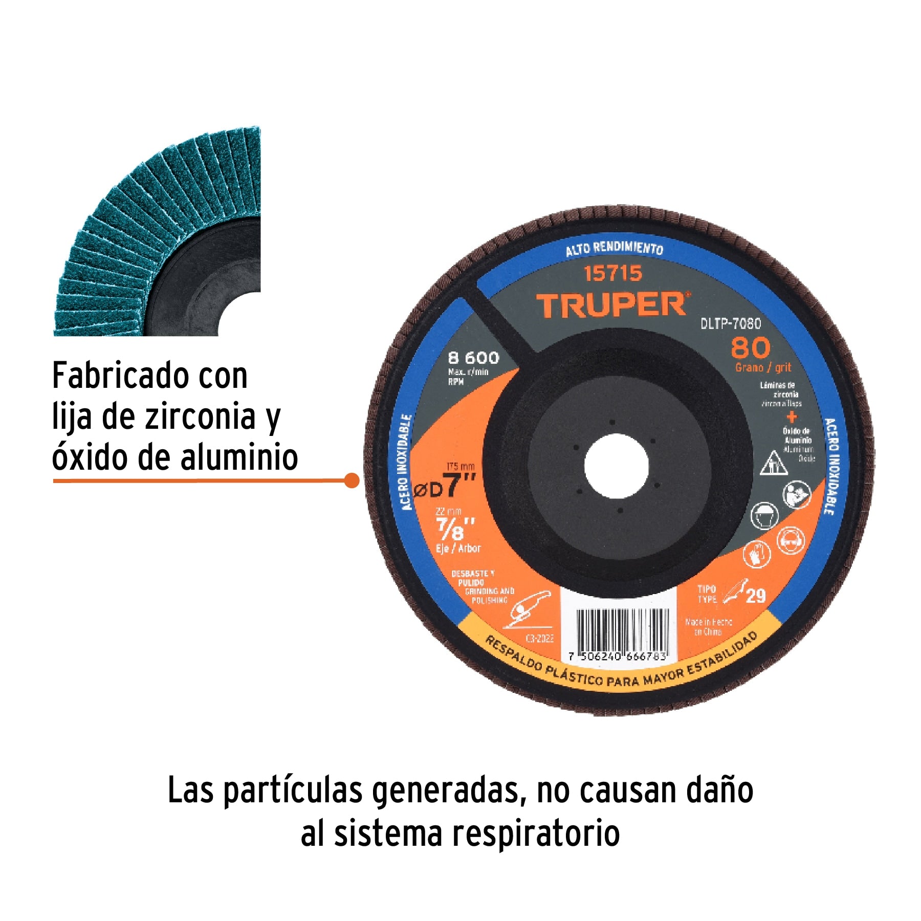 Disco laminado 7" respaldo plástico barreno 7/8"grano 80