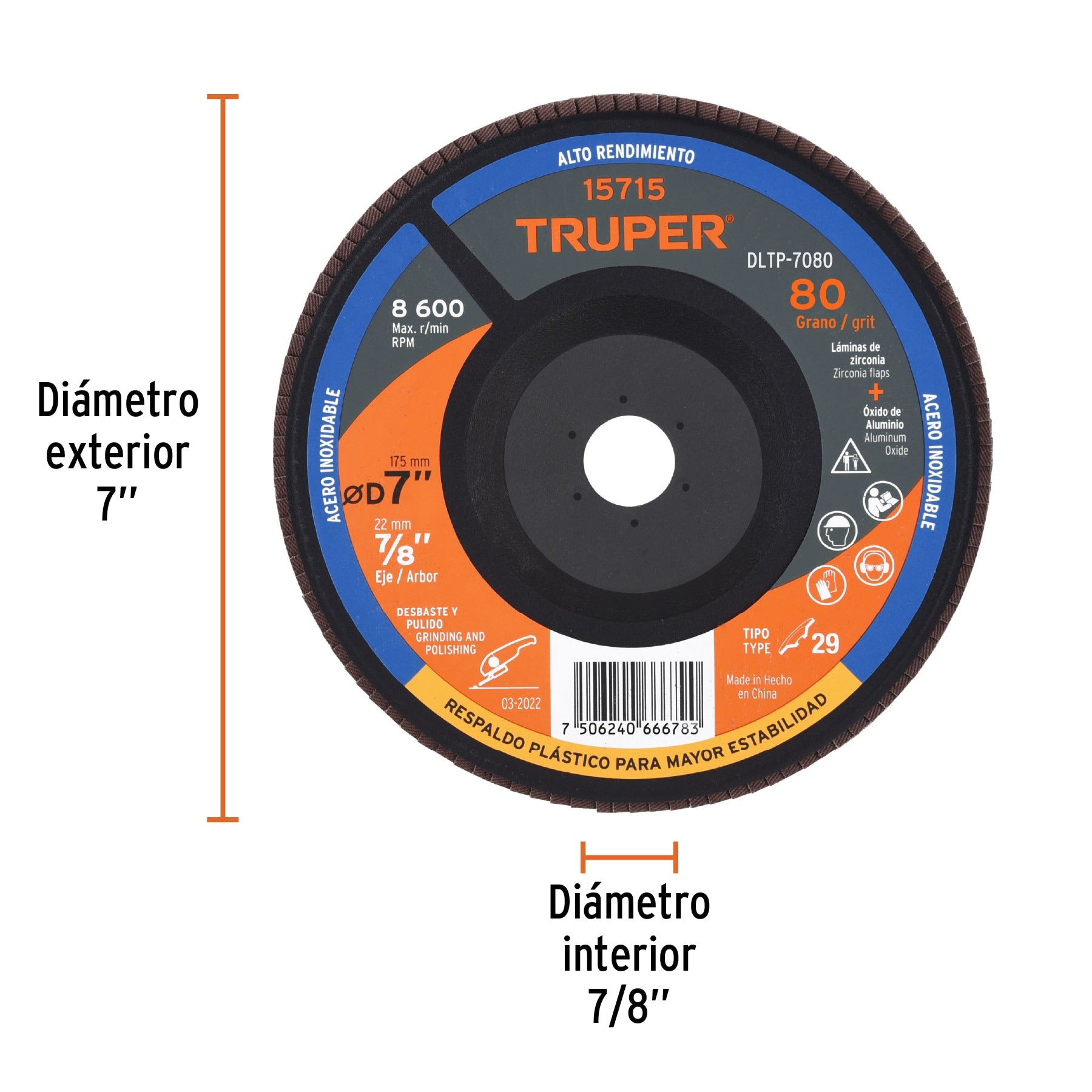 Disco laminado 7" respaldo plástico barreno 7/8"grano 80